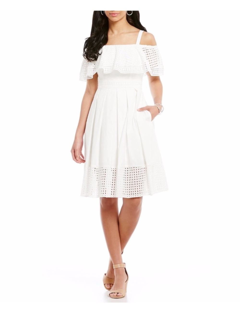 Eliza J White Eyelet Lace Fit & Flare Pleated Dress Off Shoulder Sz 8